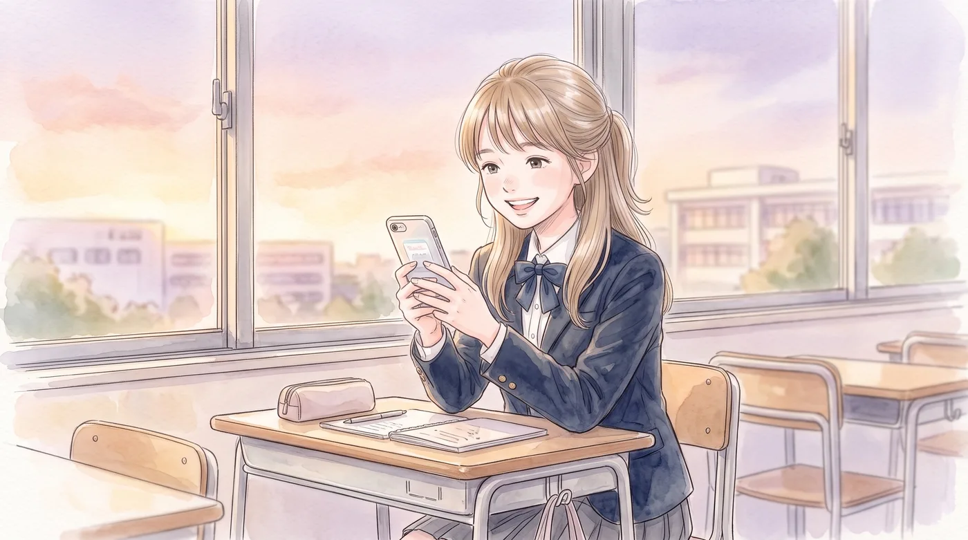 放課後の教室で、スマホを見ながら