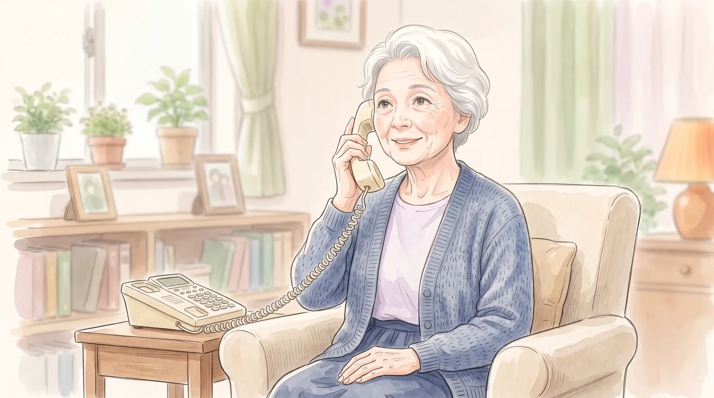 居間で、電話に出る
