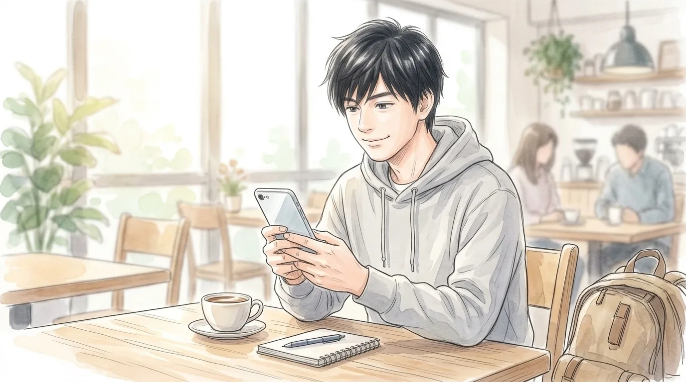 カフェで、スマホの画面を見る