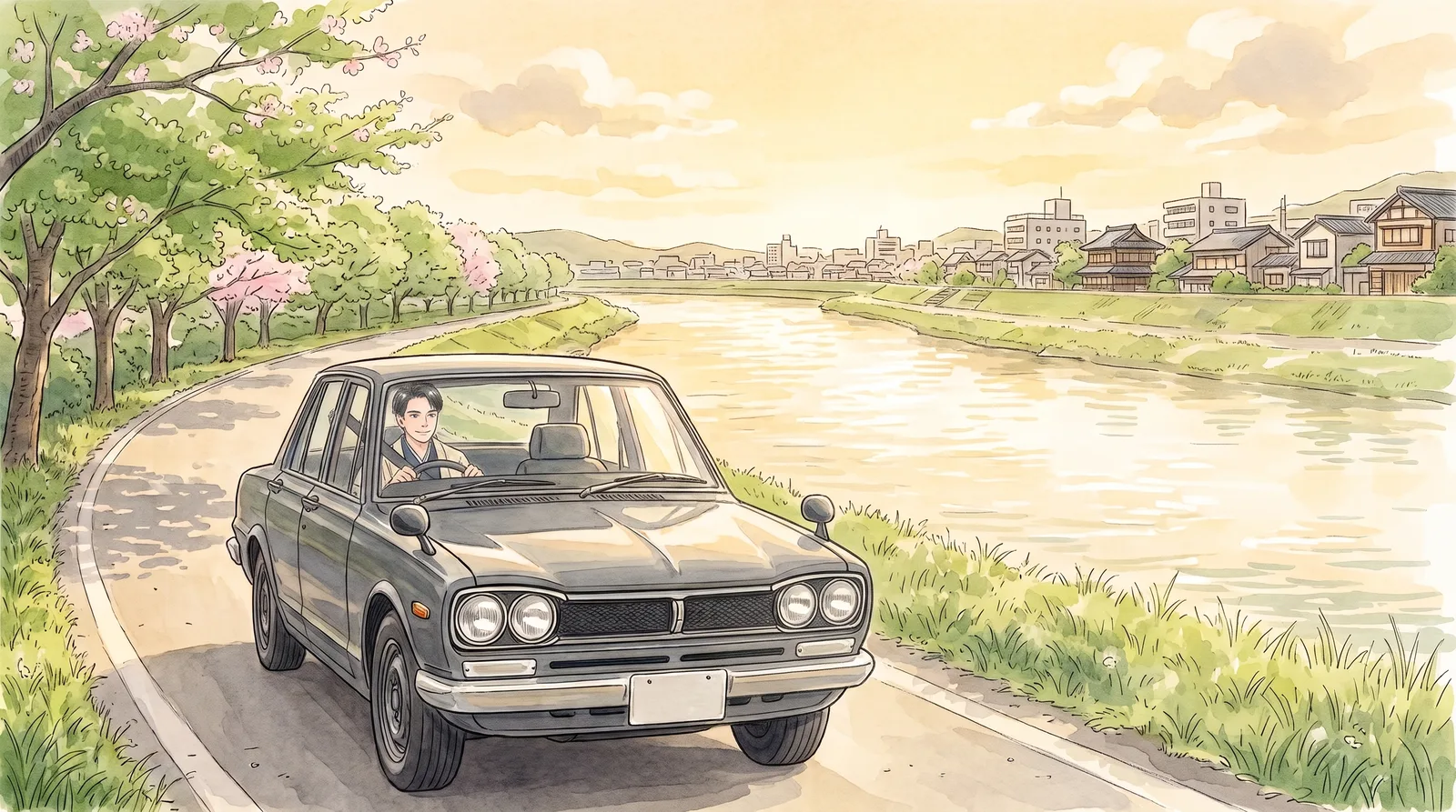 川沿いの道を、愛車で