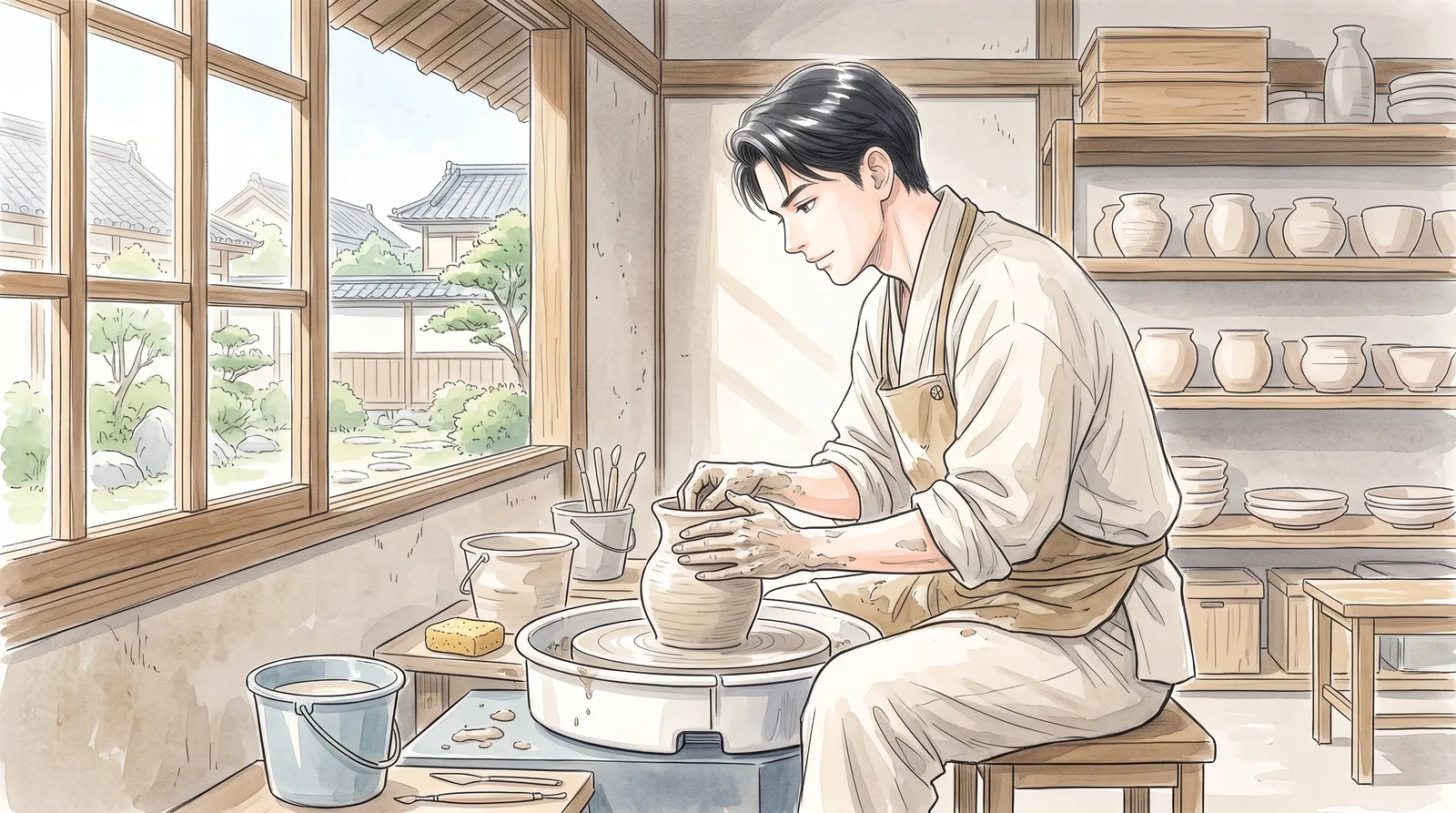 工房で、ろくろを回す