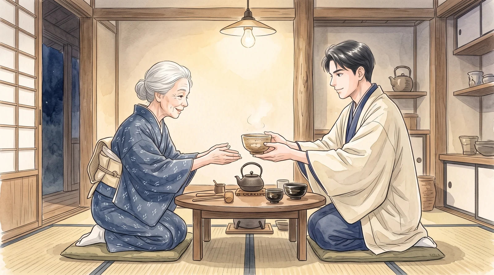 茶の間で、幸村の茶碗を受け取る