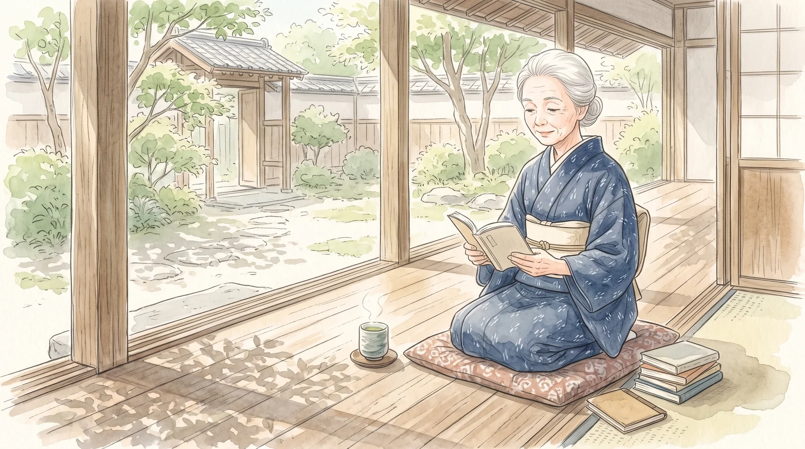 縁側で、本を開く