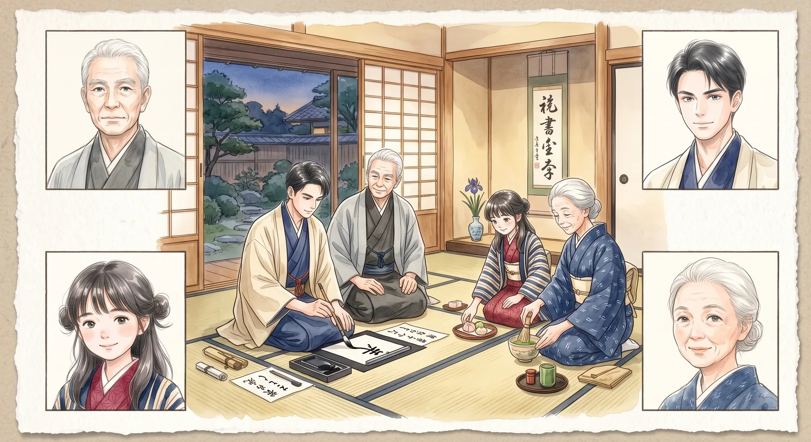 座敷で、書を書く幸村、見守る平蔵、和菓子を取る凪、お茶を点てる千代。冬凪の家の四人